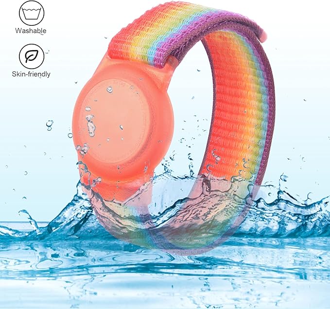 Kids Wristband Compatible with Apple AirTag, Protective Case for Air Tag GPS Tracker Holder with Nylon Bracelet, Adjustable Anti Lost Watch Band for Toddler Child Elder(Rainbow B)