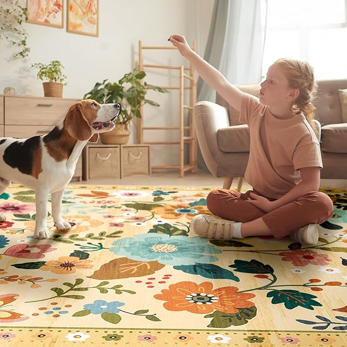 Floral 6ft Area Rug Machine Washable Soft Print Boho Carpet Non Slip Doormat Low Pile Flower Area Rugs for Living Room Bedroom Nursery Kitchen Dining Room Indoor-Ivory/Yellow
