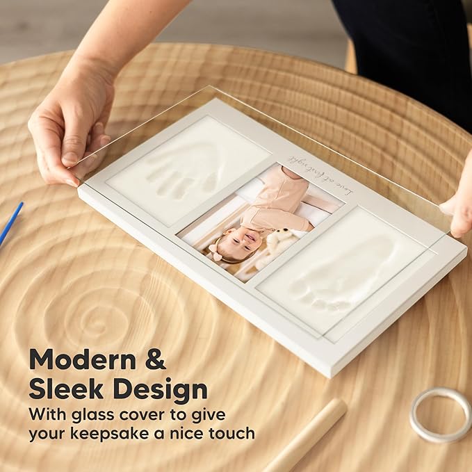 Baby Hand and Footprint Kit - Clay Handprint Keepsake Frame, Newborn Nursery Picture Frame, Personalized New Mom Gifts for Baby Shower & Registry (Golden Wheat)