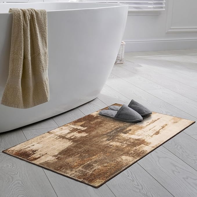 Kelarea 2x3 Brown Entryway Rug, Washable Abstract Small Rugs Non-Slip Low Pile Throw Rugs for Kitchen Floor, Front Door, Bedroom Bedside