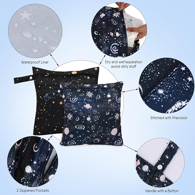 2pcs Cloth Diaper Wet Dry Bags, Waterproof Reusable Wet Bag with 2 Zipper Pockets & Handle, Washable Laundry Bags for Baby Adult Clothes Travel Beach Pool Daycare Yoga Gym Exercise Swimsuits,