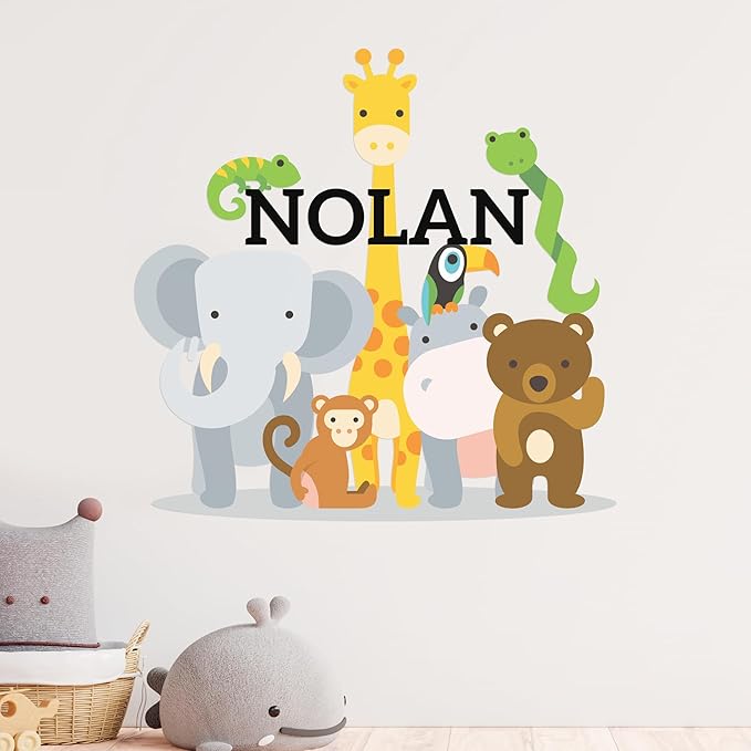 CRYPTONITE Personalized Name Jungle Animals Vinyl Wall Decor I Nursery Wall Decal for Baby Boy & Girl Decoration I Stickers for Kids I Multiple Options for Customization (A. Jungle Animals)