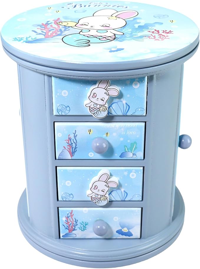 Girls Blue Cute Bunny Jewelry Box Organizer - Kids Gift for Little Girls