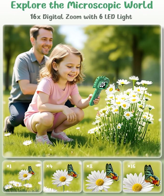 Microscope Camera for Kids Gifts Toys- Handheld Pocket Microscopes with 2.4" Screen and Autofocus - Mini Digital Educational Science Kit for Christmas Birthday for Age 3-5 5-7 8-12 Girls Boys (Green)