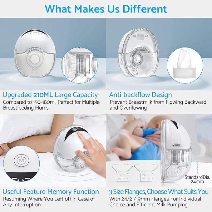 LAMSUET Electric Hands-Free Breast Pump, Strong Suction Wearable Breast Pump with 4 Modes & 12 Levels (White, 2 Pack)
