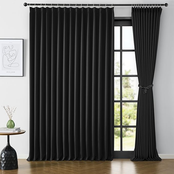 KEQIAOSUOCAI Extra Wide Black Pinch Pleated Curtains 100 x 105, Thermal Insulated Noise Cancelling Living Room Drapes 105 inches Long, Patio Sliding Glass Door Window Curtain 2 Panels