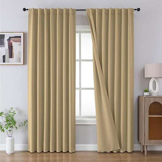 Joydeco 72 Inch Blackout Curtains for Bedroom, Thermal Insulated Black Out Curtains, Room Darkening Drapes for Living Room Window Rod Pocket Back Tab (W52 x L72 Inch, Beige)
