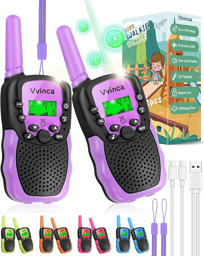Vvinca Walkie Talkies for Kids, Rechargeable Walkie Talkie 2 Pack Toy Gift for 3-12 Year Old Girl Boy with 22 Channel 2 Way Radio Flashlight 3 Mile Long Range for Adventure Game Camping Outdoor