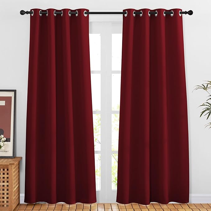 NICETOWN Blackout Doorway Curtains 80 inches Long 2 Panels Set, Grommet Thermal Window Treatments Light & Sound Blocking Drapes for Living Room, Burgundy Red, W46 x L80