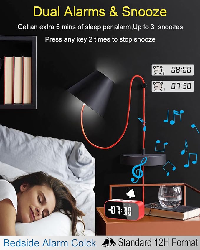 AFK Alarm Clock with Bluetooth Speaker,Digital Clock for Bedrooms,Alarm Clock for Heavy Sleepers Adults with Dual Alarm,Snooze,Dimmable LED Display.