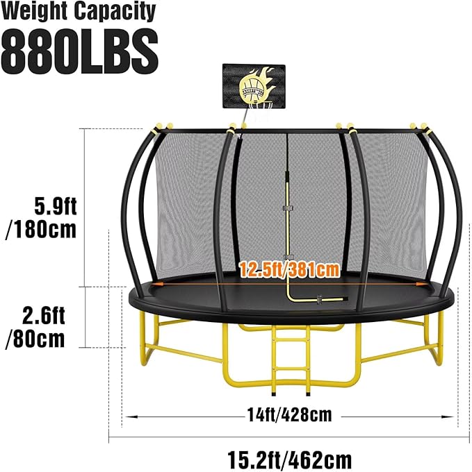 14FT Pumpkin Trampoline with Basketball Hoop, Balance Bar and Enclosure Net, Outdoor Trampoline for Kids and Adults, Capacity 880 lbs