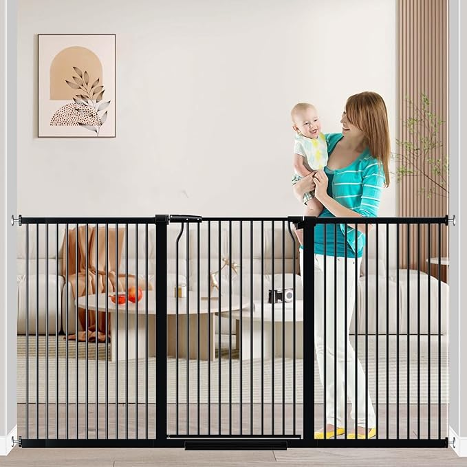 Fairy Baby 40.5" Extra Tall Baby Gate, 72.3"-76.7" Extra Wide Large Dog Pet Gate Indoor, Long Safety Child Gate for Stairs No Drill, Metal Auto Close Puppy Gate for House Doorway Walk Through, Black
