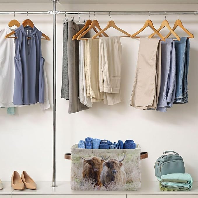 Highland Cows Storage Basket Cube Storage Bins Organizer Bag Collapsible Closet Shelf Baskets with handle for Baby Cloth Pet Toy Book 14.2×10.2×8.3 IN