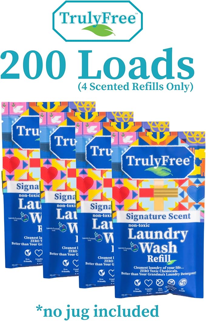 Natural Laundry Detergent for Sensitive Skin | Eco Friendly, Plant Based, Baby Clothes Safe | Clean & Easy Powder to Liquid, 4 Pack Refill Detergent, NO Jug | Signature Scent, 200 Loads