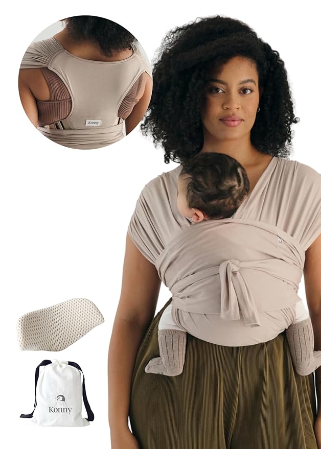 Konny Baby Carrier Flex SoftBreeze with Head Support - Adjustable, Easy to Wear Baby Wrap Sling, Perfect for Newborn Babies Essentials up to 44 lbs (XS-XL) - Beige