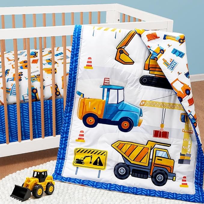 3 Piece Baby Boy Crib Bedding Set Construction Theme Baby Comforter Set for Crib Nursery Bed Set Decor with Fitted Crib Sheet, Comforter and Skirt for Boys Girls (Construction)