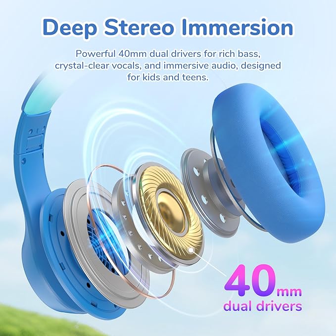 EarFun K4NC Active Noise Cancelling Headphones for Kids, 120H Playtime, 74/85/94dBA Volume Limited, Kids Bluetooth Headphones with Mic, Bluetooth 5.4, Stereo Sound Kid Headset for School/Home/Travel