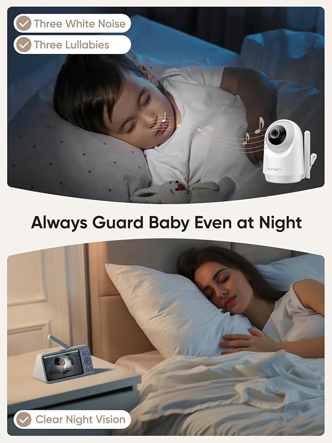 bonoch Add-on Baby Camera Unit for BBM14/BBM16, 1440p HD Video Baby Monitor Camera No WiFi, Security Split-Screen, Auto Night Vision, 4X Zoom, 2-Way Audio, Temperature Sensor, 3 White Noise 3Lullabies