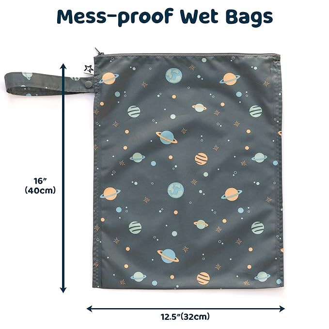 Tiny Twinkle Mess-Proof Waterproof Wet Dry Bag | 2-Pack Reusable Wet Bags for Swimsuits & Baby Clothes | Leakproof Wet Bag for Travel & Diaper Changes for Baby (Space, Ice Blue)