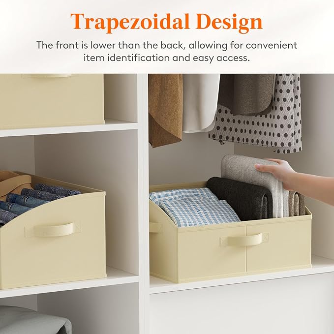 Lifewit Storage Baskets for Shelves, 6 Packs Non-woven Fabric Trapezoid Closet Organizer Bins with Handles, Foldable Clothing Containers Box for Clothes, Toy, Towel, Book, DVD, Hats, Medium-Beige