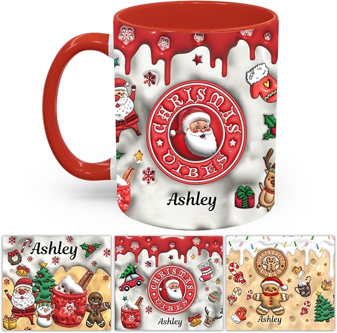 Personalized 3D Effect Christmas Accent Mugs with Names, Santa Claus Coffee Mug, Custom Reindeer Mug Christmas Gifts For Women Men Friends Sister Mom Family Xmas Mug 11 or 15 Oz