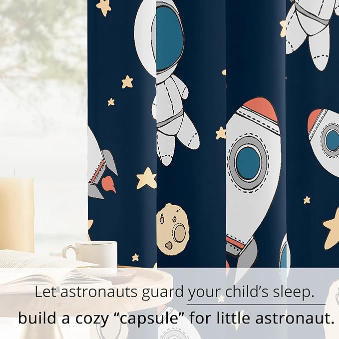 Kids Space Astronaut Planets Rockets Blackout Curtains - 100% Blackout, Thermal Insulated, Noise Reducing, for Kids Room and Nursery, 2 Panels (Astro Buddy Rockets, W52×L63)