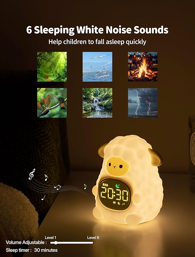 MASHI Sheep Alarm Clock, Toddler Sleep Training Clock with Sun & Moon, Sleep Sound Machine, Night Lights, Alarm Clock for Kids, Gift Ideas for Kids Child