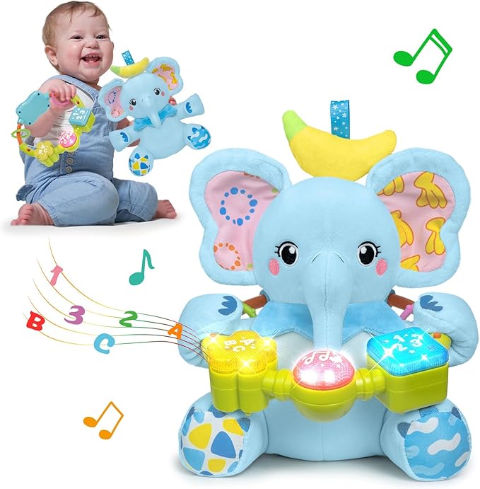 Baby Elephant Musical Stuffed Animals Toy with Light-Up Music & Crinkle,Infant Bilingual Early Learning Education Toys,1st Easter Basket Shower Stuffers for 0-3-6-12+ Months Boy Girl Gifts,Blue