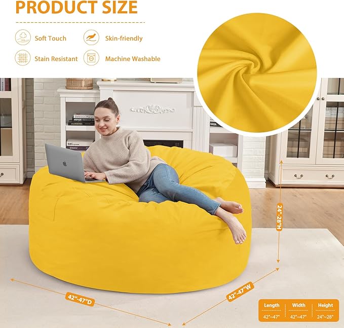 4FT Bean Bag Chair, Large Bean Bag Chairs with Memory Foam Filled, Fluffy Beanbag Sofa with Dutch Velvet Cover, Round BeanBag Chairs for Living Room, Playroom - Lemon