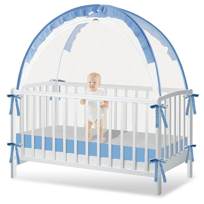 Crib Tent to Keep Baby from Climbing Out - Crib Net to Keep Baby in - Pop Up Breathable Cribs Cover - Canopy with Upgrade Strong Mesh and Durable Zipper (Blue, Lager)