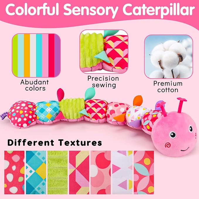 Baby Tummy Time Toy 0-6 Month Musical Stuffed Animal Plush Caterpillar Toy for Infant 6-12 Month Teething Sensory Toy with Crinkle Rattle for Babies 0-3-6 Month Newborn Toys for Boy Girl Birthday 1