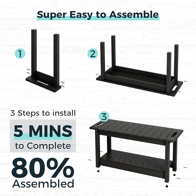 35" Shower Bench, Waterproof Poly Lumber Shower Stool for Shaving Legs, Shower Chair Seat Holds up to 400lbs, Bathroom Bench for Inside Shower, Non-Slip (Black)