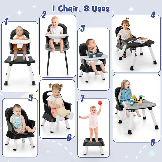 HONEY JOY 8 in 1 Baby High Chair, Convertible Highchair for Babies and Toddlers/Table and Chair Set/Building Block Table/Booster Seat/Stool/Toddler Chair with Safety Harness (Black)