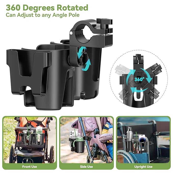 KDD Stroller Cup Holder with Phone Holder, 3-in-1 Removable Bottle Holder, 360 Degrees Rotation Drink Holder for Wheelchair, Stroller, Bike, Walker, Scooter, Bicycle, Uppababy, Bugaboo, Britax
