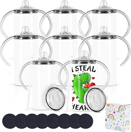 12 Oz Sippy Cup Tumblers 8 Pack With Handle, Straight Sublimation Blanks Kids Tumbler, Stainless Steel Sublimation Todder Water Bottle