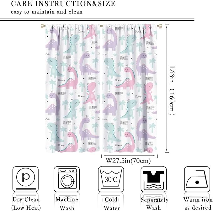 Kids Dinosaur Curtains for Boys Girls Bedroom Decor Cartoon Dino Colorful Cute Funny Animal Wildlife Printed Blackout Rod Pocket Window Drapes for Baby Nursery Playroom W27.5xL63in 2 Panels