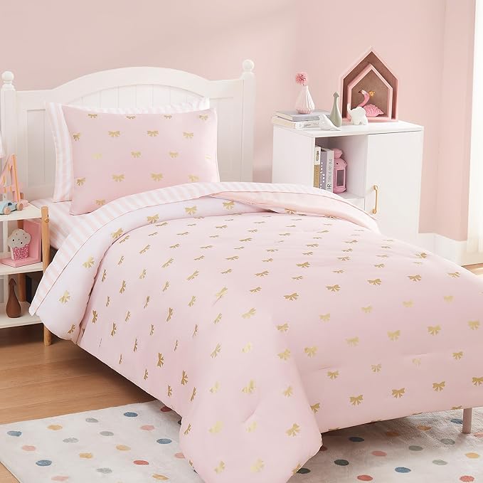 Twin Comforter Set with Sheets for Girls-5 Pieces Twin Bedding Sets with Pink Comforter, Sheets, Pillowcase & Sham for Kids (Pink Gold Bow, 66" X 86")
