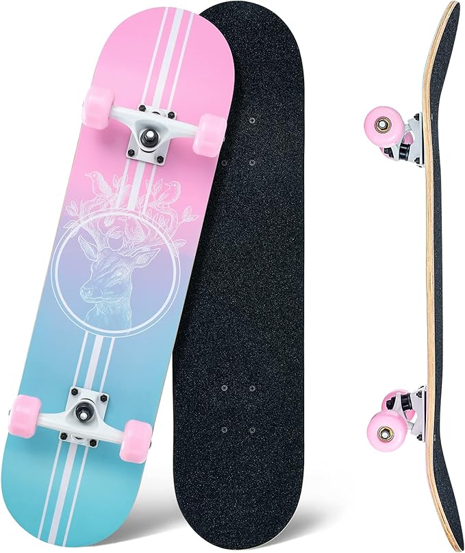 Skateboard,31 x 8 Inch Complete Skateboard, 8-Layer Maple Wood Deck Double Kick Standard Skateboards for Kids, Teens, Adult, Beginner
