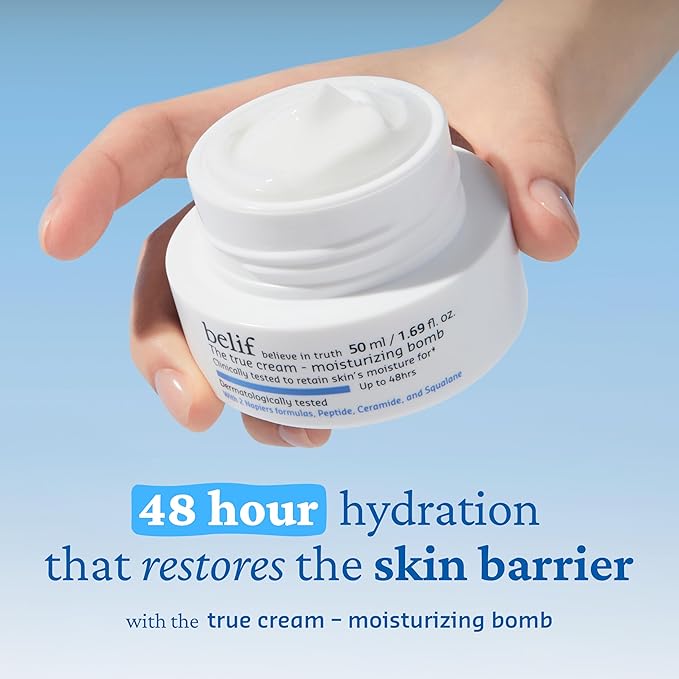 belif Moisturizing Bomb – Daily Ceramide Moisturizer with Peptide & Squalane, 48hr Hydration & Anti-Aging Cream, Milky & Lightweight, Restores Skin Barrier, Korean Skincare, 0.84 fl oz (25ml)