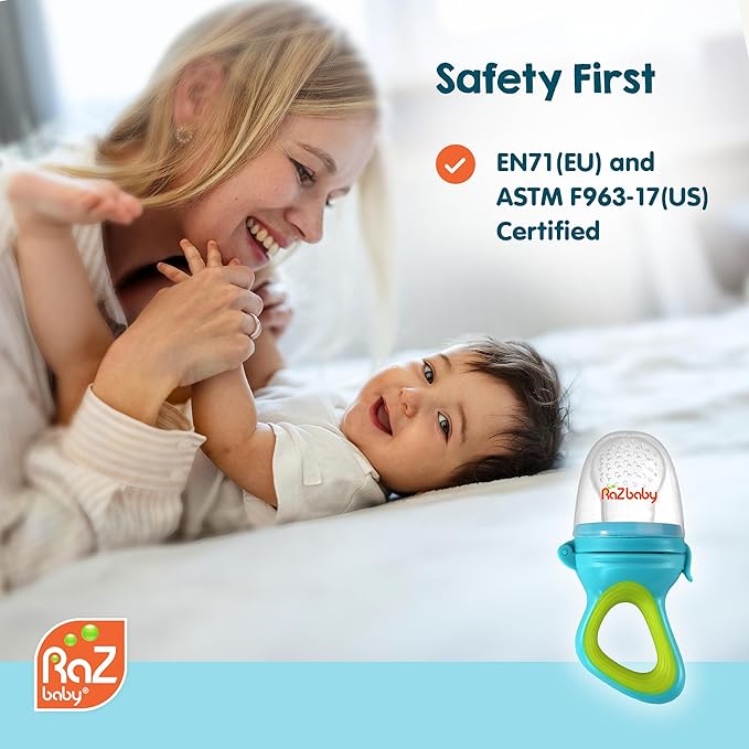 RaZbaby Baby Solids/Frozen Fruit Feeder Pacifier, Infant Teether Toy 6M+, BPA-Free Silicone Pouch & Nipple, Safely Introduce Solids, Natural Teething Relief, Dishwasher Safe, Freezable – Tan/White