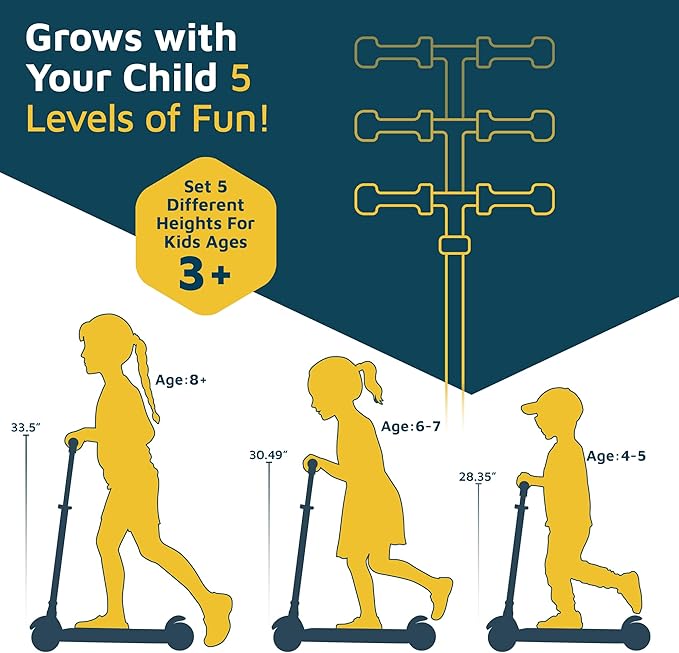 3-Wheel Kids Scooter with Multi-Color Lights on Deck & Wheels – 5-Height Adjustable Handlebar, Wide Anti-Slip Deck, Child Safety Certified, Boys & Girls Ages 3+ Supports Up to 150 lbs