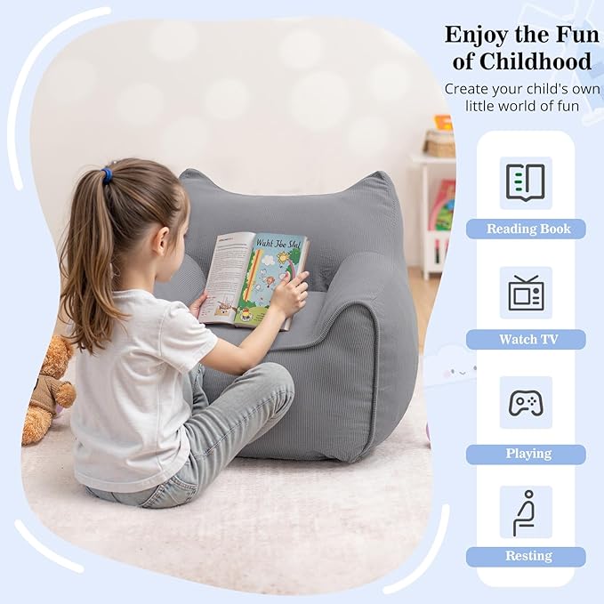 HOMMPA Bean Bag Chair for Kids Stuffed Toddler Bean Bag Sofa with Pocket Filler Cat Shaped Bean Bag Chair Boys and Girls Baby Lazy Floor Sofa Chair for Gaming Reading Playing Grey