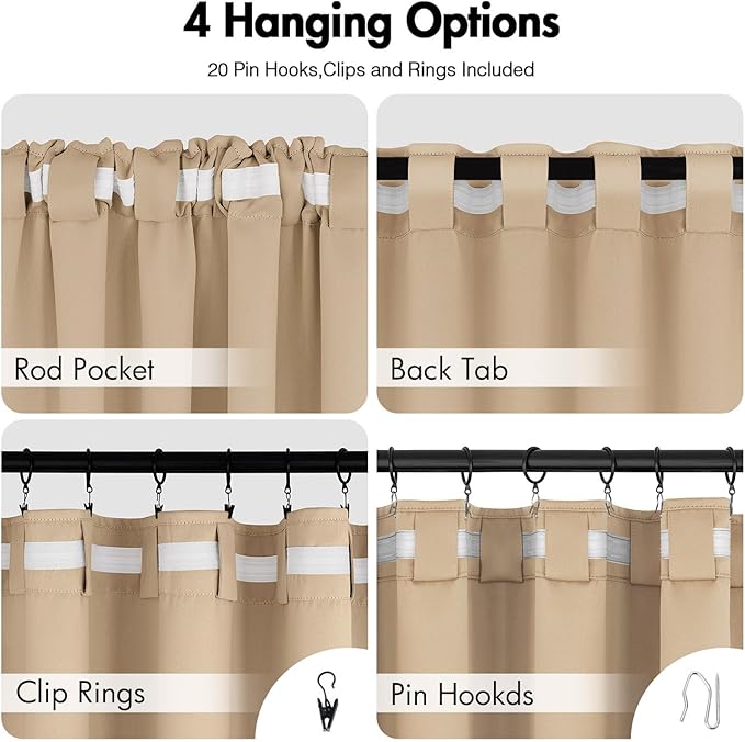 ANRODUO Back Tab Blackout Curtains for Bedroom Living Room, Rod Pocket Pinch Pleated Thermal Insulated Room Darkening Curtains 90 Inches Long 2 Panels, Beige, 42 x 90 Inch