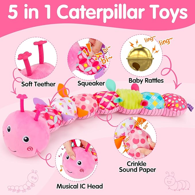 Baby Tummy Time Toy 0-6 Month Musical Stuffed Animal Plush Caterpillar Toy for Infant 6-12 Month Teething Sensory Toy with Crinkle Rattle for Babies 0-3-6 Month Newborn Toys for Boy Girl Birthday 1