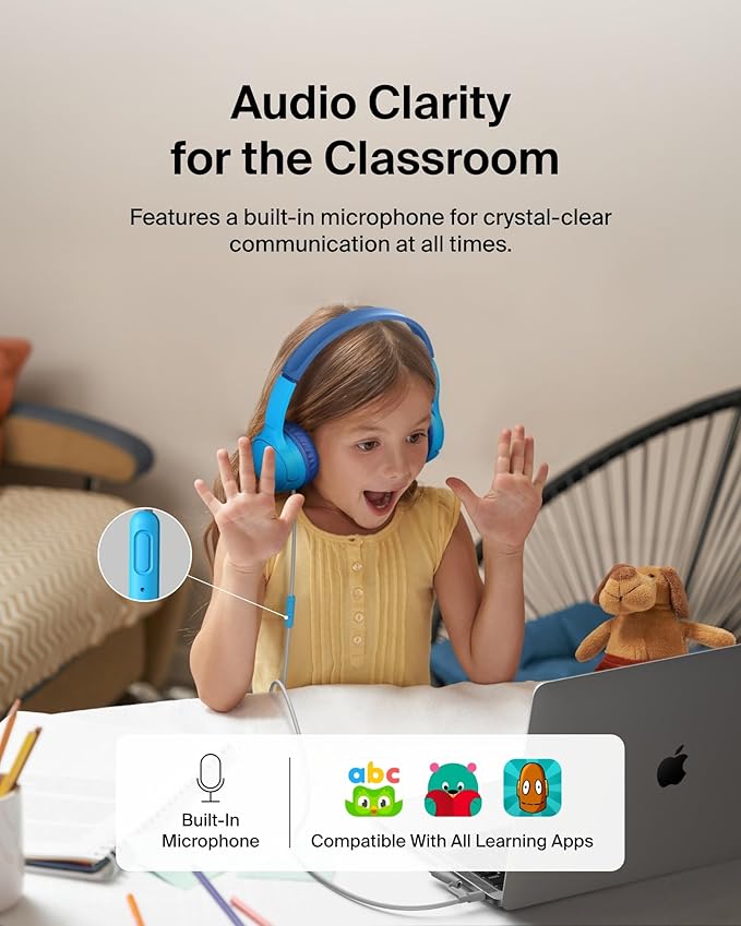 Belkin SoundForm Mini Kids Wired Headphones w/USB C to 3.5mm Dongle, Built-in Mic & Fun Stickers, 85dB Max Volume – for Online Learning, Travel, Compatible w/iPhone 16, iPad, Galaxy S25, etc - Blue