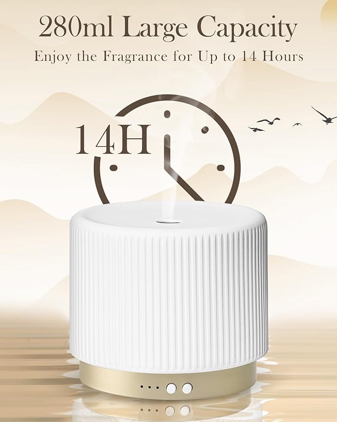 280ml Ceramic Essential Oil Diffuser,Ultrasonic Cool Mist Decorative Aromatherapy Diffuser with Auto Shut-Off,Quiet Operation,3 Timer Settings for Large Rooms,Home,Office,SPA,Yoga & Bedroom