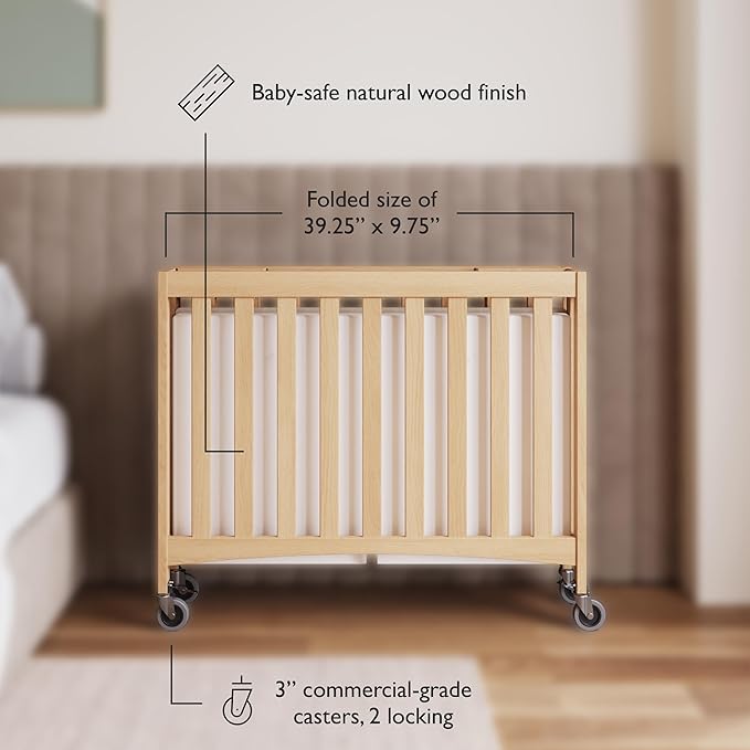 Foundations Compact Travel Sleeper Folding Hotel Crib and Sheet Bundle - Includes Wooden Mini Crib with 2" Foam Mattress (Natural) and 6-Pack White Fitted Compact Sheets