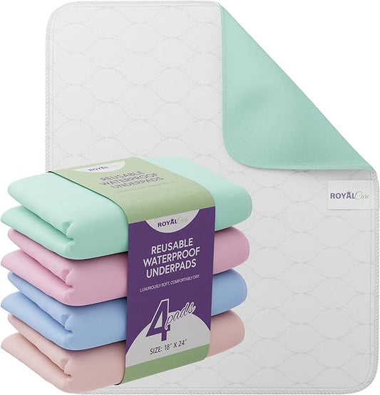 Incontinence Bed Pads - 4 Pack 18” x 24” Reusable Waterproof Mattress Protectors - Highly Absorbent, Machine Washable - for Children, Pets and Seniors - Assorted Colors - Royal Care
