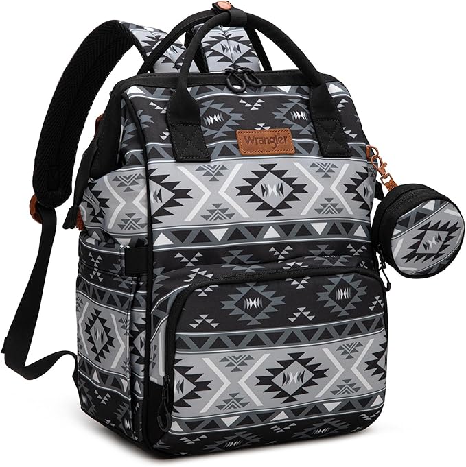 Wrangler Aztec Backpack Multifunction Baby Travel Bag with Changing Pad, Stroller Straps and Pacifier Case WG2204-91103BK