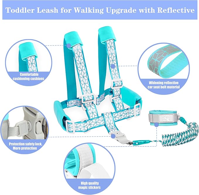 Toddler Leash for Walking, Toddler Safety Harnesses Leashes, Safety Harness with Lock for Kids, Anti Lost Wrist Link for Toddlers ，Upgrade with Reflective Tape Liner（6.5ft）for Kids